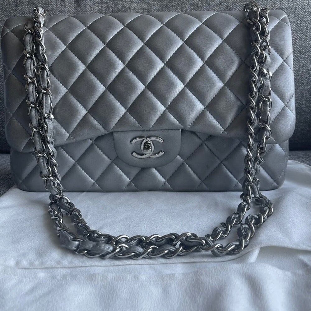 Chanel Silver Large Lambskin Flap Shoulder Bag- 100% Authentic & Rare